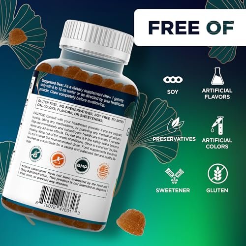 Vitamatic Ginkgo Biloba & Bacopa Gummis – Pflanzlicher Extrakt – Natürlicher Pfirsichgeschmack – Vegan, Non-GMO, Glutenfrei – Nahrungsergänzungsmittel – 60 Stück