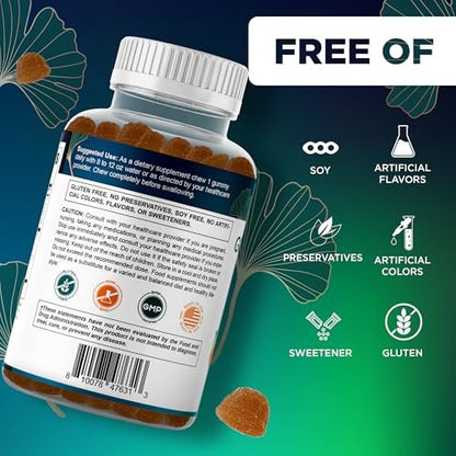 Vitamatic Ginkgo Biloba & Bacopa Gummis – Pflanzlicher Extrakt – Natürlicher Pfirsichgeschmack – Vegan, Non-GMO, Glutenfrei – Nahrungsergänzungsmittel – 60 Stück