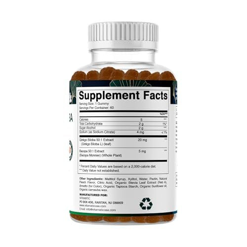 Vitamatic Ginkgo Biloba & Bacopa Gummis – Pflanzlicher Extrakt – Natürlicher Pfirsichgeschmack – Vegan, Non-GMO, Glutenfrei – Nahrungsergänzungsmittel – 60 Stück