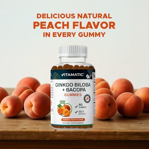 Vitamatic Ginkgo Biloba & Bacopa Gummis – Pflanzlicher Extrakt – Natürlicher Pfirsichgeschmack – Vegan, Non-GMO, Glutenfrei – Nahrungsergänzungsmittel – 60 Stück