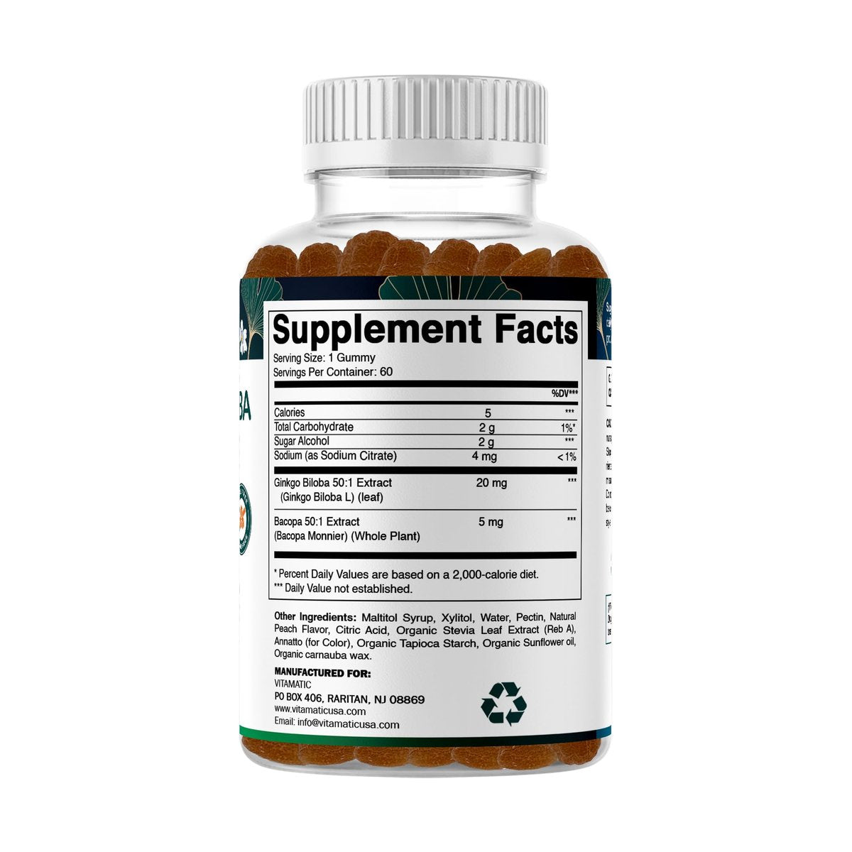 Vitamatic Ginkgo Biloba & Bacopa Gummis – Pflanzlicher Extrakt – Natürlicher Pfirsichgeschmack – Vegan, Non-GMO, Glutenfrei – Nahrungsergänzungsmittel – 60 Stück