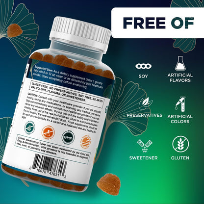 Vitamatic Ginkgo Biloba & Bacopa Gummis – Pflanzlicher Extrakt – Natürlicher Pfirsichgeschmack – Vegan, Non-GMO, Glutenfrei – Nahrungsergänzungsmittel – 60 Stück