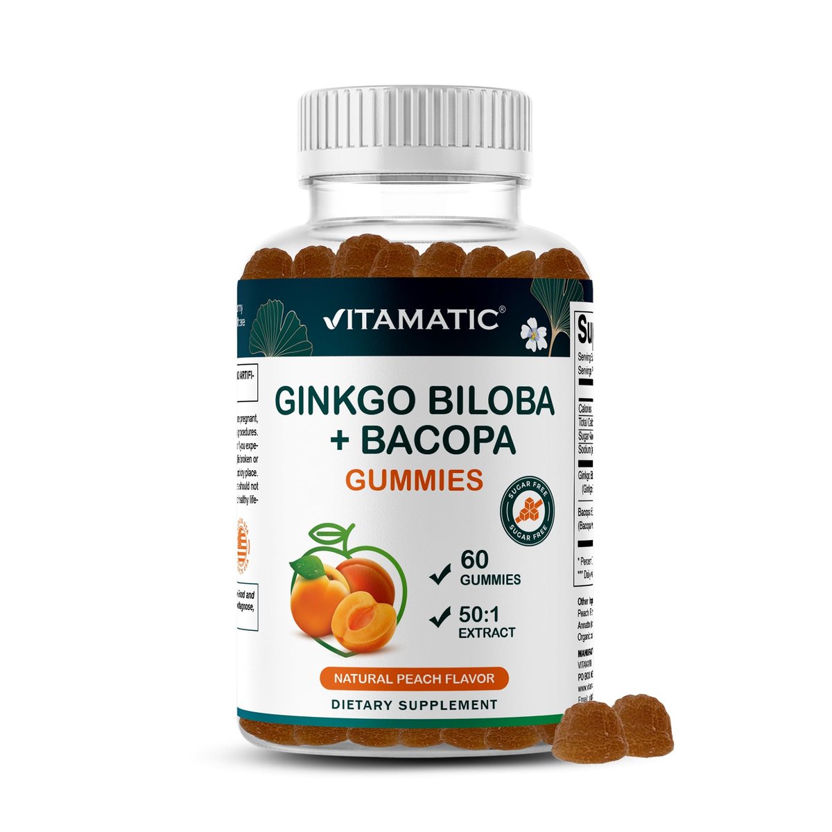 Vitamatic Ginkgo Biloba & Bacopa Gummis – Pflanzlicher Extrakt – Natürlicher Pfirsichgeschmack – Vegan, Non-GMO, Glutenfrei – Nahrungsergänzungsmittel – 60 Stück