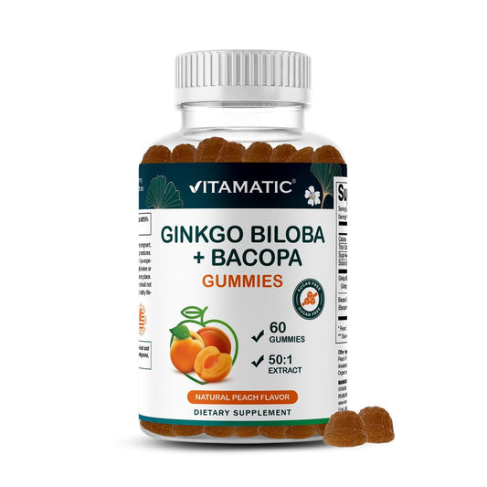 Vitamatic Ginkgo Biloba & Bacopa Gummis – Pflanzlicher Extrakt – Natürlicher Pfirsichgeschmack – Vegan, Non-GMO, Glutenfrei – Nahrungsergänzungsmittel – 60 Stück