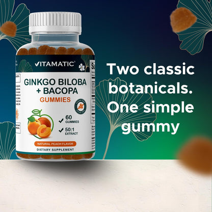 Vitamatic Ginkgo Biloba & Bacopa Gummis – Pflanzlicher Extrakt – Natürlicher Pfirsichgeschmack – Vegan, Non-GMO, Glutenfrei – Nahrungsergänzungsmittel – 60 Stück