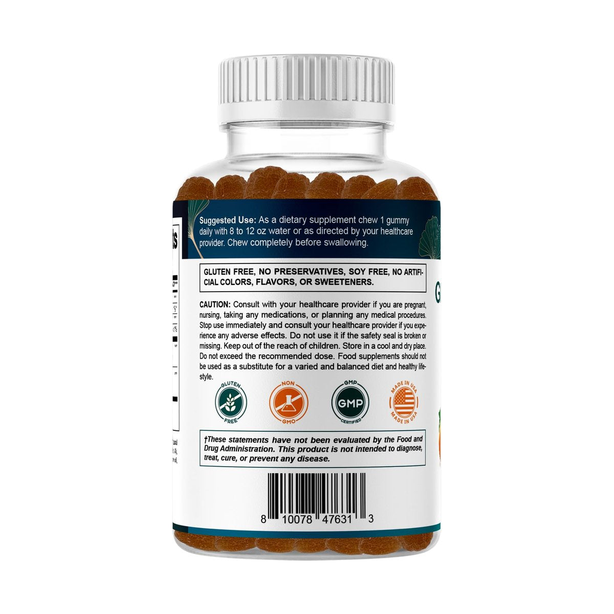 Vitamatic Ginkgo Biloba & Bacopa Gummis – Pflanzlicher Extrakt – Natürlicher Pfirsichgeschmack – Vegan, Non-GMO, Glutenfrei – Nahrungsergänzungsmittel – 60 Stück