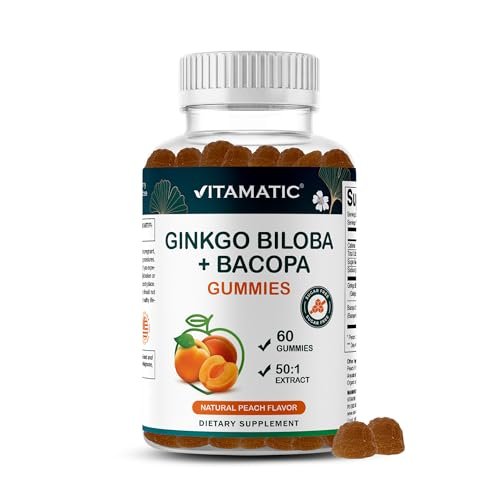Vitamatic Ginkgo Biloba & Bacopa Gummis – Pflanzlicher Extrakt – Natürlicher Pfirsichgeschmack – Vegan, Non-GMO, Glutenfrei – Nahrungsergänzungsmittel – 60 Stück