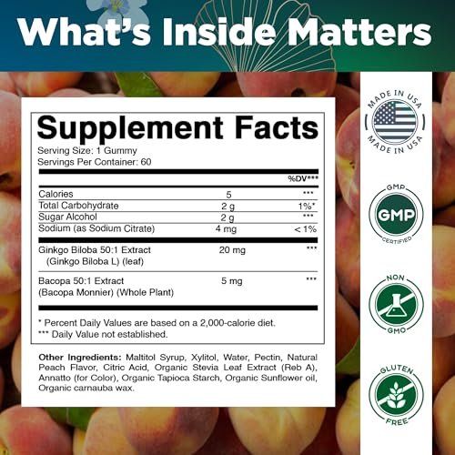 Vitamatic Ginkgo Biloba & Bacopa Gummis – Pflanzlicher Extrakt – Natürlicher Pfirsichgeschmack – Vegan, Non-GMO, Glutenfrei – Nahrungsergänzungsmittel – 60 Stück
