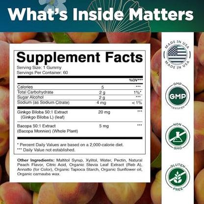 Vitamatic Ginkgo Biloba & Bacopa Gummis – Pflanzlicher Extrakt – Natürlicher Pfirsichgeschmack – Vegan, Non-GMO, Glutenfrei – Nahrungsergänzungsmittel – 60 Stück