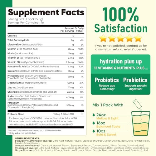 Venture Pal 2-in-1 Hydration Packets + Gut Health Electrolytes Powder - 7 Elektrolyte & 5 Vitamine, Probiotika - Zuckerfreies flüssiges tägliches IV-Getränk zur Linderung von Dehydrierung | Non-GMO | 16 Sticks