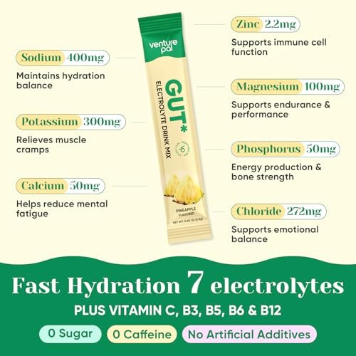 Venture Pal 2-in-1 Hydration Packets + Gut Health Electrolytes Powder - 7 Elektrolyte & 5 Vitamine, Probiotika - Zuckerfreies flüssiges tägliches IV-Getränk zur Linderung von Dehydrierung | Non-GMO | 16 Sticks