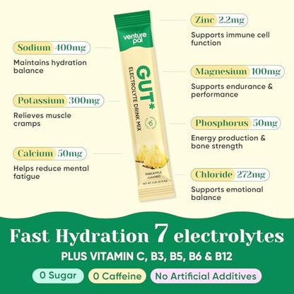 Venture Pal 2-in-1 Hydration Packets + Gut Health Electrolytes Powder - 7 Elektrolyte & 5 Vitamine, Probiotika - Zuckerfreies flüssiges tägliches IV-Getränk zur Linderung von Dehydrierung | Non-GMO | 16 Sticks