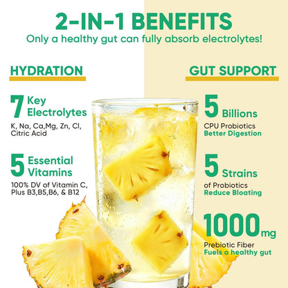Venture Pal 2-in-1 Hydration Packets + Gut Health Electrolytes Powder - 7 Elektrolyte & 5 Vitamine, Probiotika - Zuckerfreies flüssiges tägliches IV-Getränk zur Linderung von Dehydrierung | Non-GMO | 16 Sticks