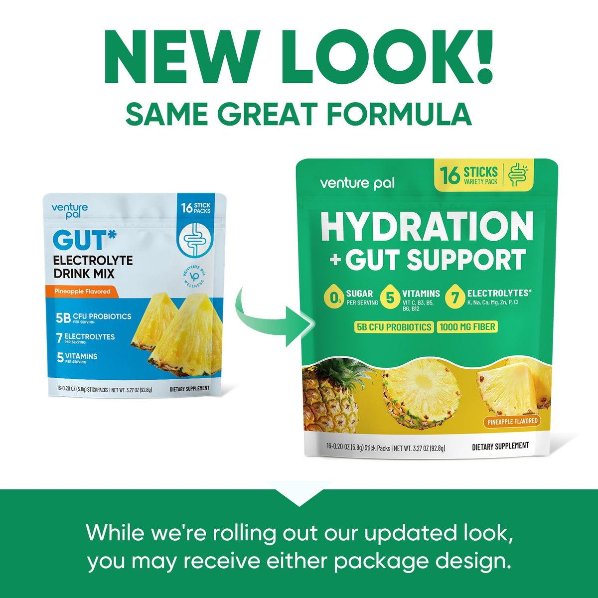 Venture Pal 2-in-1 Hydration Packets + Gut Health Electrolytes Powder - 7 Elektrolyte & 5 Vitamine, Probiotika - Zuckerfreies flüssiges tägliches IV-Getränk zur Linderung von Dehydrierung | Non-GMO | 16 Sticks