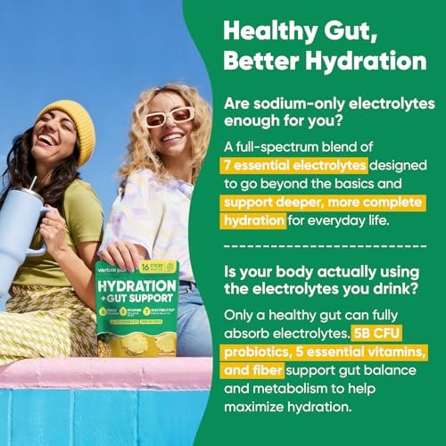 Venture Pal 2-in-1 Hydration Packets + Gut Health Electrolytes Powder - 7 Elektrolyte & 5 Vitamine, Probiotika - Zuckerfreies flüssiges tägliches IV-Getränk zur Linderung von Dehydrierung | Non-GMO | 16 Sticks