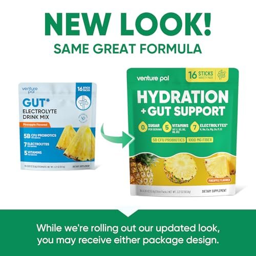 Venture Pal 2-in-1 Hydration Packets + Gut Health Electrolytes Powder - 7 Elektrolyte & 5 Vitamine, Probiotika - Zuckerfreies flüssiges tägliches IV-Getränk zur Linderung von Dehydrierung | Non-GMO | 16 Sticks