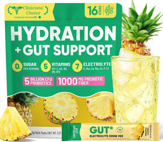 Venture Pal 2-in-1 Hydration Packets + Gut Health Electrolytes Powder - 7 Elektrolyte & 5 Vitamine, Probiotika - Zuckerfreies flüssiges tägliches IV-Getränk zur Linderung von Dehydrierung | Non-GMO | 16 Sticks
