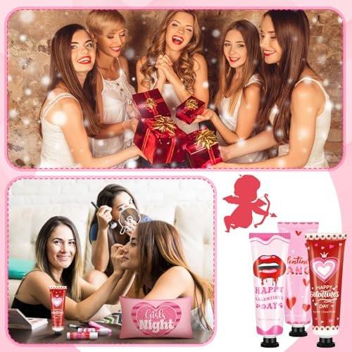 Dimsile 12 Sets / 72 Teile Valentinstag Galentine's Day Geschenke Reisegröße Handcreme für trockene rissige Hände und Lippenbalsam, Kosmetiktasche, Haargummis Bulk-Set mit Organzabeutel Herz-Geschenkkarte für Frauen