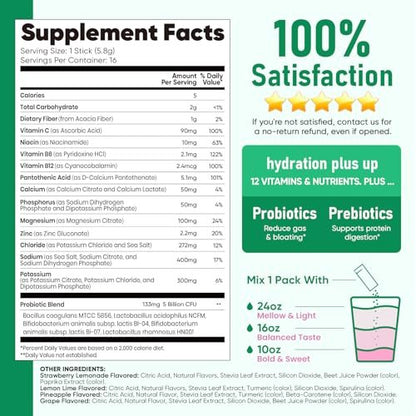 Venture Pal 2-in-1 Hydration Packets + Darmgesundheit Elektrolyte Pulver - 7 Elektrolyte & 5 Vitamine, Probiotika - Zuckerfreier Liquid Daily IV Drink Mix gegen Dehydrierung | Non-GMO | 16 Sticks
