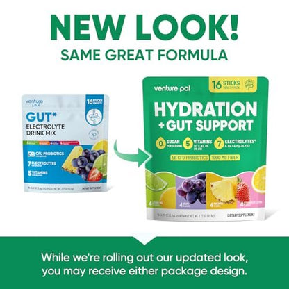 Venture Pal 2-in-1 Hydration Packets + Darmgesundheit Elektrolyte Pulver - 7 Elektrolyte & 5 Vitamine, Probiotika - Zuckerfreier Liquid Daily IV Drink Mix gegen Dehydrierung | Non-GMO | 16 Sticks