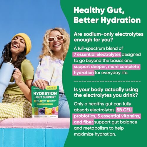 Venture Pal 2-in-1 Hydration Packets + Darmgesundheit Elektrolyte Pulver - 7 Elektrolyte & 5 Vitamine, Probiotika - Zuckerfreier Liquid Daily IV Drink Mix gegen Dehydrierung | Non-GMO | 16 Sticks