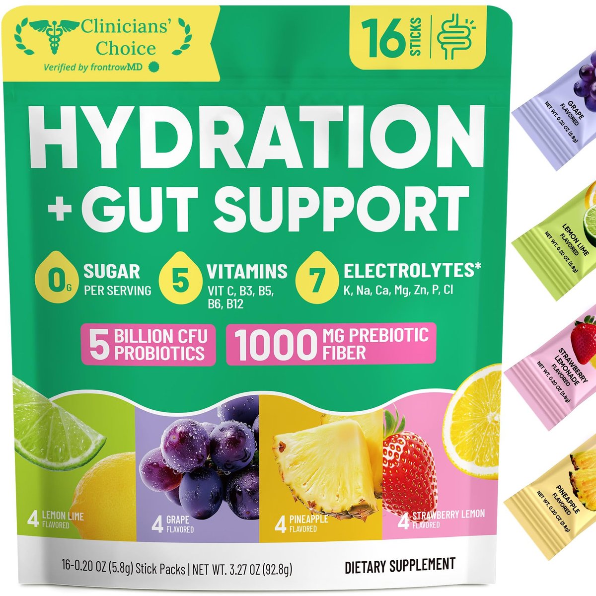 Venture Pal 2-in-1 Hydration Packets + Darmgesundheit Elektrolyte Pulver - 7 Elektrolyte & 5 Vitamine, Probiotika - Zuckerfreier Liquid Daily IV Drink Mix gegen Dehydrierung | Non-GMO | 16 Sticks