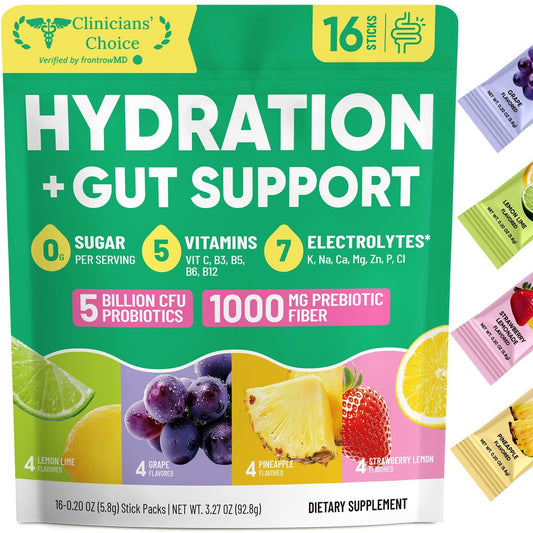 Venture Pal 2-in-1 Hydration Packets + Darmgesundheit Elektrolyte Pulver - 7 Elektrolyte & 5 Vitamine, Probiotika - Zuckerfreier Liquid Daily IV Drink Mix gegen Dehydrierung | Non-GMO | 16 Sticks