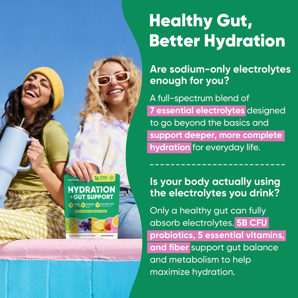 Venture Pal 2-in-1 Hydration Packets + Darmgesundheit Elektrolyte Pulver - 7 Elektrolyte & 5 Vitamine, Probiotika - Zuckerfreier Liquid Daily IV Drink Mix gegen Dehydrierung | Non-GMO | 16 Sticks