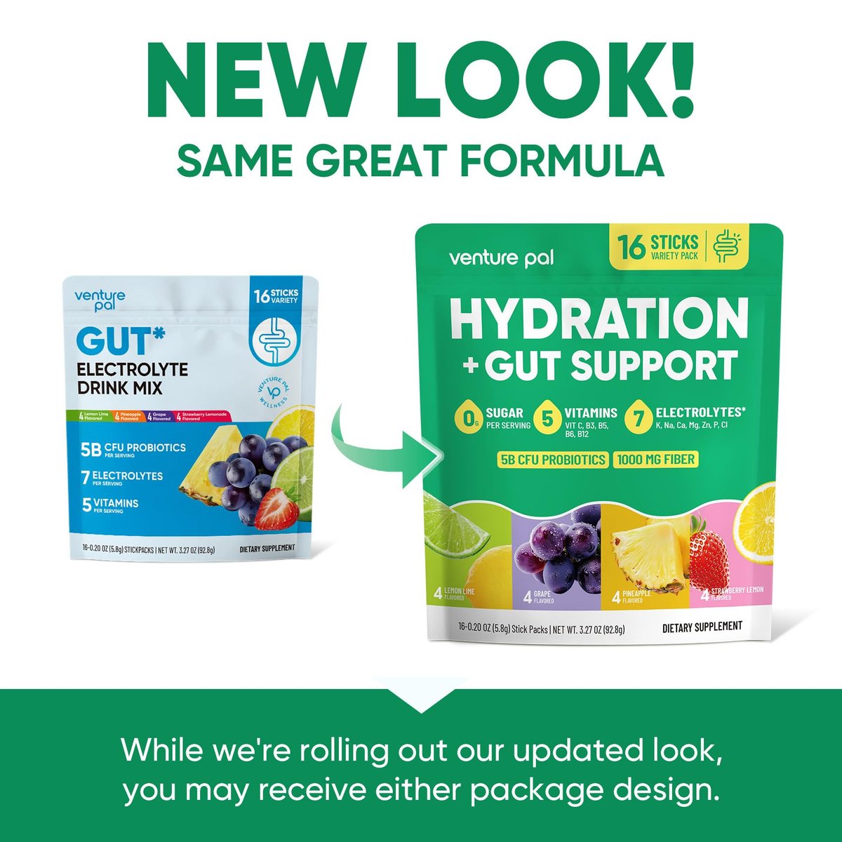Venture Pal 2-in-1 Hydration Packets + Darmgesundheit Elektrolyte Pulver - 7 Elektrolyte & 5 Vitamine, Probiotika - Zuckerfreier Liquid Daily IV Drink Mix gegen Dehydrierung | Non-GMO | 16 Sticks