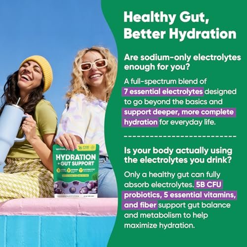 Venture Pal 2-in-1 Hydration Packets + Gut Health Electrolytes Powder - 7 Elektrolyte & 5 Vitamine, Probiotika - Zuckerfreies Flüssigkeits-Getränk für Dehydrierung | Non-GMO | 16 Sticks