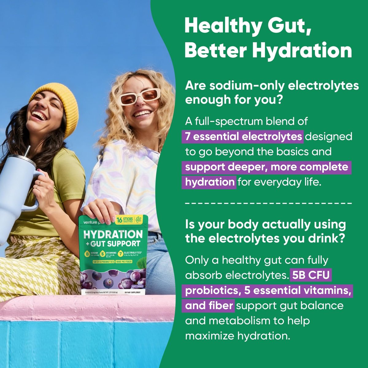 Venture Pal 2-in-1 Hydration Packets + Gut Health Electrolytes Powder - 7 Elektrolyte & 5 Vitamine, Probiotika - Zuckerfreies Flüssigkeits-Getränk für Dehydrierung | Non-GMO | 16 Sticks