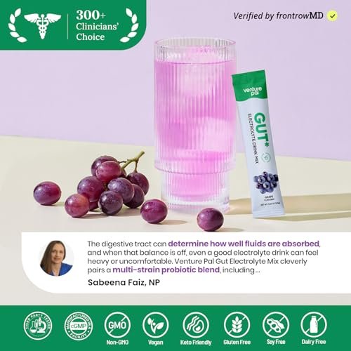 Venture Pal 2-in-1 Hydration Packets + Gut Health Electrolytes Powder - 7 Elektrolyte & 5 Vitamine, Probiotika - Zuckerfreies Flüssigkeits-Getränk für Dehydrierung | Non-GMO | 16 Sticks