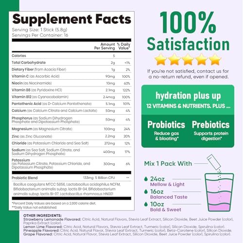 Venture Pal 2-in-1 Hydration Packets + Gut Health Electrolytes Powder - 7 Elektrolyte & 5 Vitamine, Probiotika - Zuckerfreies Flüssigkeits-Getränk für Dehydrierung | Non-GMO | 16 Sticks