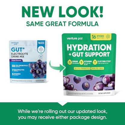 Venture Pal 2-in-1 Hydration Packets + Gut Health Electrolytes Powder - 7 Elektrolyte & 5 Vitamine, Probiotika - Zuckerfreies Flüssigkeits-Getränk für Dehydrierung | Non-GMO | 16 Sticks