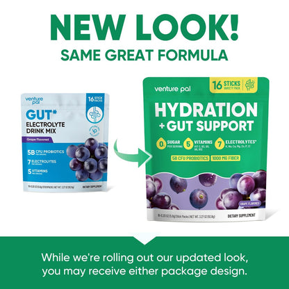 Venture Pal 2-in-1 Hydration Packets + Gut Health Electrolytes Powder - 7 Elektrolyte & 5 Vitamine, Probiotika - Zuckerfreies Flüssigkeits-Getränk für Dehydrierung | Non-GMO | 16 Sticks