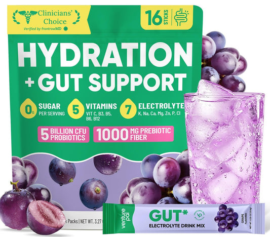 Venture Pal 2-in-1 Hydration Packets + Gut Health Electrolytes Powder - 7 Elektrolyte & 5 Vitamine, Probiotika - Zuckerfreies Flüssigkeits-Getränk für Dehydrierung | Non-GMO | 16 Sticks