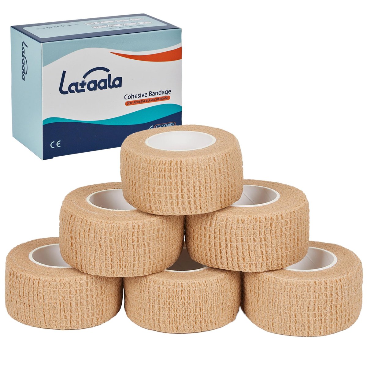 Lataala 6er-Pack Selbstklebende Bandage 1“ x 5 Yards – Sporttape für Handgelenk, Knöchel, Hand, Bein – Hautfarben – Veterinärwickel
