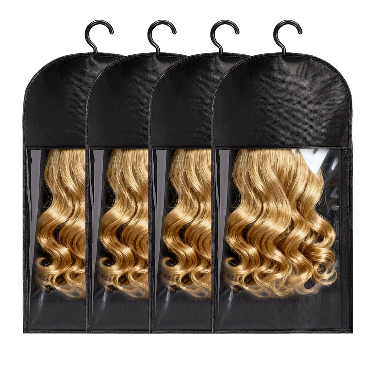 Perücken-Aufbewahrungstaschen mit Kleiderbügel, 4-teiliges Haarverlängerungs-Etui für mehrere Cosplay-Perücken, Zuhause, Reisen, Friseursalon, staubdicht und atmungsaktiv (Schwarz, 61 cm)