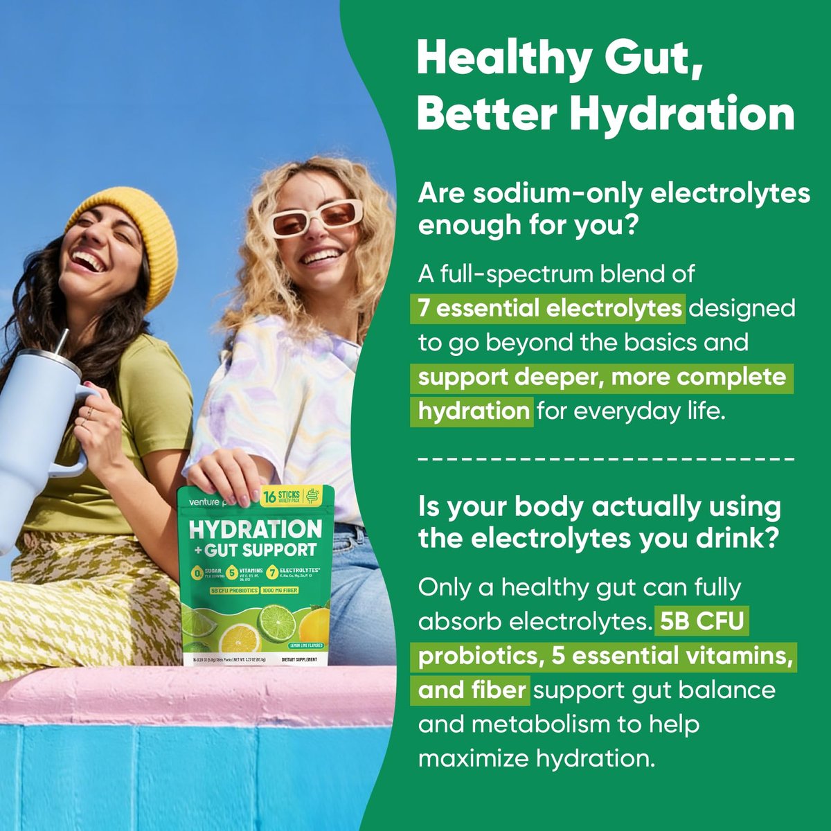 Venture Pal 2-in-1 Hydration Packets + Darmgesundheit Elektrolyte Pulver - 7 Elektrolyte & 5 Vitamine, Probiotika - Zuckerfreies Flüssiges Tägliches IV-Getränk zur Dehydrationslinderung | Non-GMO | 16 Sticks