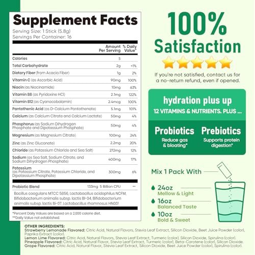 Venture Pal 2-in-1 Hydration Packets + Darmgesundheit Elektrolyte Pulver - 7 Elektrolyte & 5 Vitamine, Probiotika - Zuckerfreies Flüssiges Tägliches IV-Getränk zur Dehydrationslinderung | Non-GMO | 16 Sticks