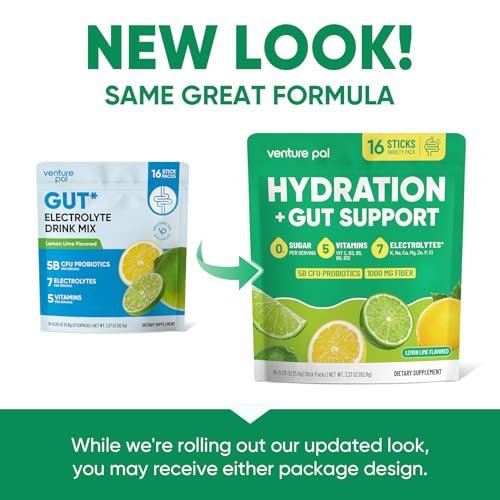 Venture Pal 2-in-1 Hydration Packets + Darmgesundheit Elektrolyte Pulver - 7 Elektrolyte & 5 Vitamine, Probiotika - Zuckerfreies Flüssiges Tägliches IV-Getränk zur Dehydrationslinderung | Non-GMO | 16 Sticks