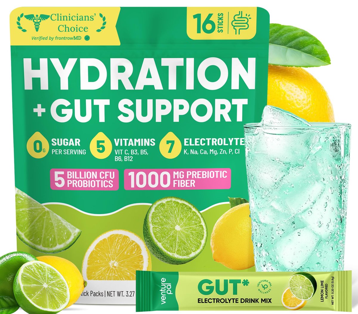 Venture Pal 2-in-1 Hydration Packets + Darmgesundheit Elektrolyte Pulver - 7 Elektrolyte & 5 Vitamine, Probiotika - Zuckerfreies Flüssiges Tägliches IV-Getränk zur Dehydrationslinderung | Non-GMO | 16 Sticks