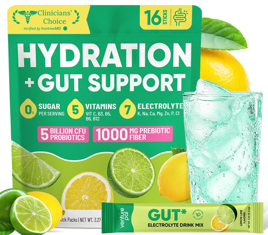 Venture Pal 2-in-1 Hydration Packets + Darmgesundheit Elektrolyte Pulver - 7 Elektrolyte & 5 Vitamine, Probiotika - Zuckerfreies Flüssiges Tägliches IV-Getränk zur Dehydrationslinderung | Non-GMO | 16 Sticks