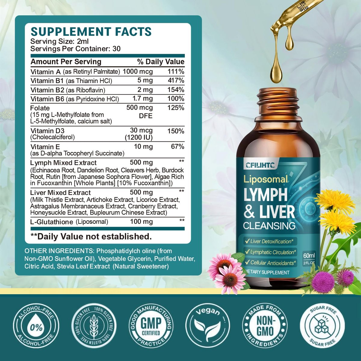 Liposomale Lymphdrainage-Tropfen – 21-in-1 Leberreinigung & Entgiftung mit Mariendistel, Echinacea, Klettenwurzel, liposomalem Glutathion, Vitamin-Komplex für Darm- & Stoffwechselgesundheit