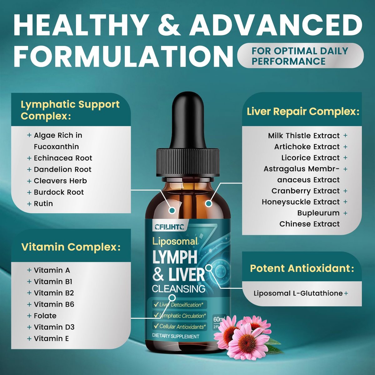Liposomale Lymphdrainage-Tropfen – 21-in-1 Leberreinigung & Entgiftung mit Mariendistel, Echinacea, Klettenwurzel, liposomalem Glutathion, Vitamin-Komplex für Darm- & Stoffwechselgesundheit