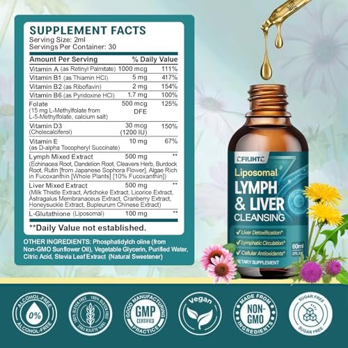 Liposomale Lymphdrainage-Tropfen – 21-in-1 Leberreinigung & Entgiftung mit Mariendistel, Echinacea, Klettenwurzel, liposomalem Glutathion, Vitamin-Komplex für Darm- & Stoffwechselgesundheit