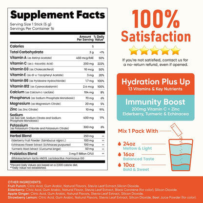 Venture Pal 2-in-1 Hydration + Immune Elektrolytpulver – 16 Portionsbeutel mit 7 Elektrolyten & 6 Vitaminen, Holunder, Kurkuma, Echinacea | Zuckerfrei | Keto-freundlich