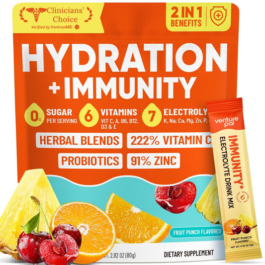 Venture Pal 2-in-1 Hydration + Immune Elektrolytpulver – 16 Portionsbeutel mit 7 Elektrolyten & 6 Vitaminen, Holunder, Kurkuma, Echinacea | Zuckerfrei | Keto-freundlich