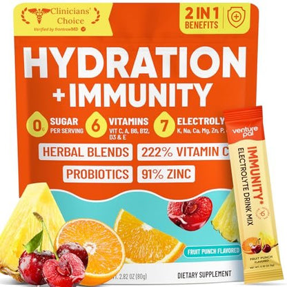 Venture Pal 2-in-1 Hydration + Immune Elektrolytpulver – 16 Portionsbeutel mit 7 Elektrolyten & 6 Vitaminen, Holunder, Kurkuma, Echinacea | Zuckerfrei | Keto-freundlich