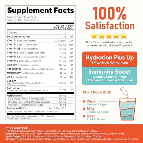 Venture Pal 2-in-1 Hydration + Immune Elektrolytpulver – 16 Portionsbeutel mit 7 Elektrolyten & 6 Vitaminen, Holunder, Kurkuma, Echinacea | Zuckerfrei | Keto-freundlich
